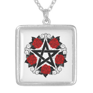 Pentagram with Red Roses Silver Plated Necklace