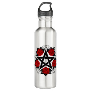 Pentagram with Red Roses Stainless Steel Water Bottle