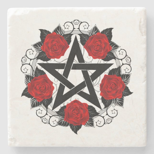 Pentagram with Red Roses Stone Coaster (Front)