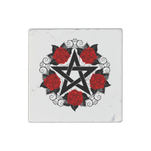 Pentagram with Red Roses Stone Magnet