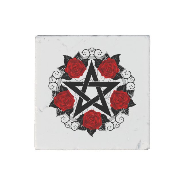 Pentagram with Red Roses Stone Magnet (Front)