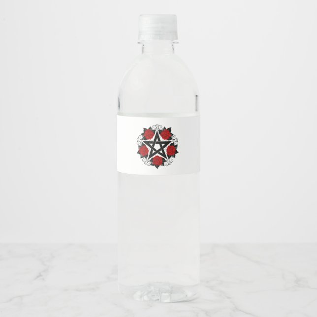 Pentagram with Red Roses Water Bottle Label (Front)