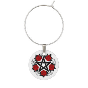 Pentagram with Red Roses Wine Charm