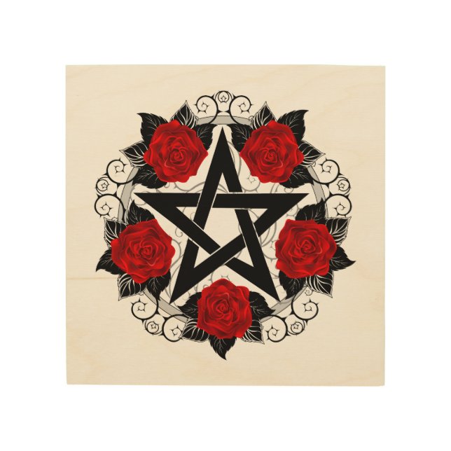Pentagram with Red Roses Wood Wall Art (Front)