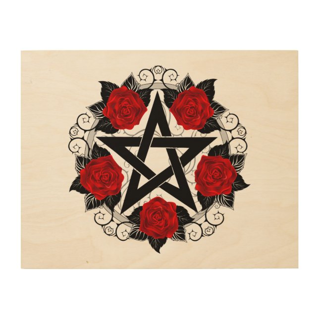 Pentagram with Red Roses Wood Wall Art (Front)