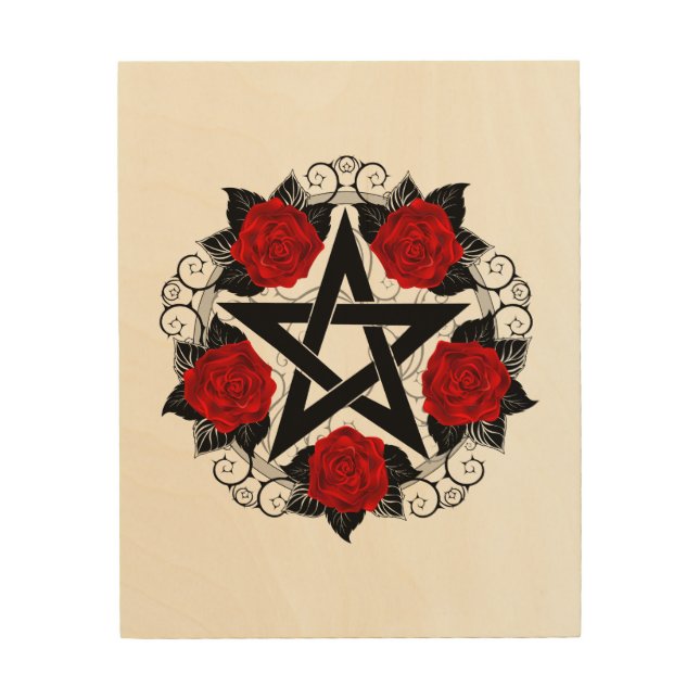 Pentagram with Red Roses Wood Wall Art (Front)