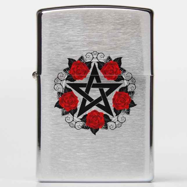 Pentagram with Red Roses Zippo Lighter (Front)