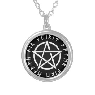 Pentagram with runes silver plated necklace
