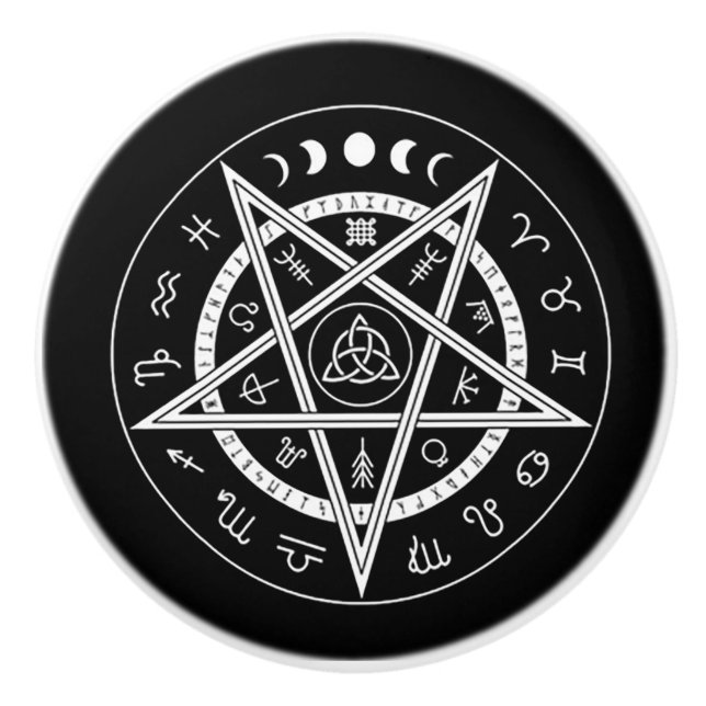 Pentagram with Symbols on Black Background Ceramic Knob (Front)