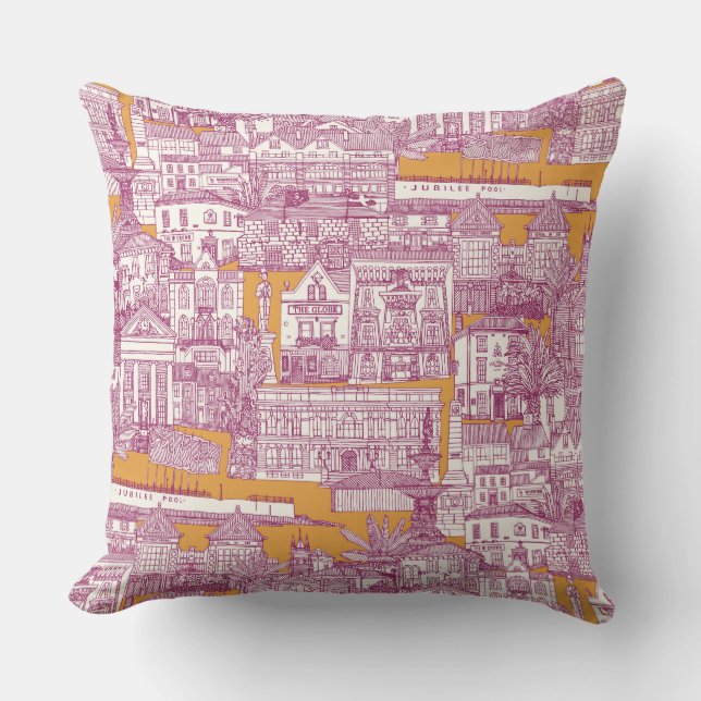 Penzance toile fuchsia clementine throw pillow (Front)