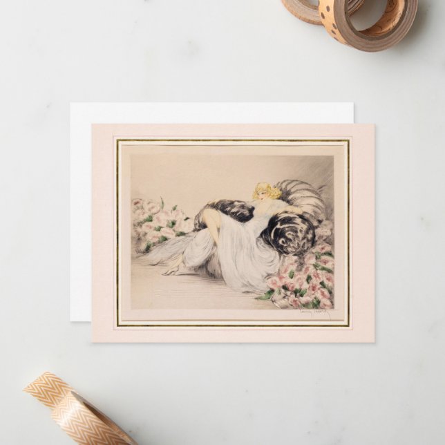 Peonies, 1935 by Louis Icart Note Card (Front/Back In Situ)