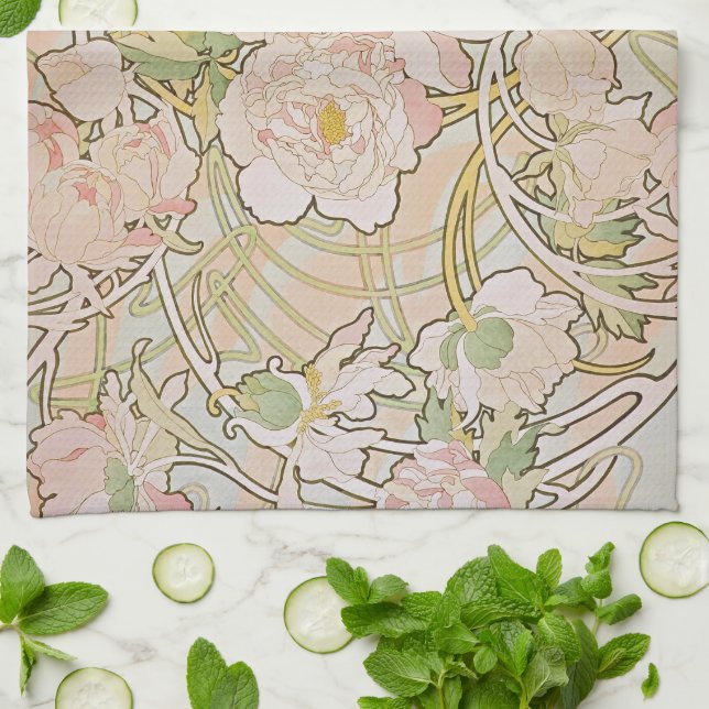 Peonies Abstract Pattern Alphonse Mucha Towel (Folded)