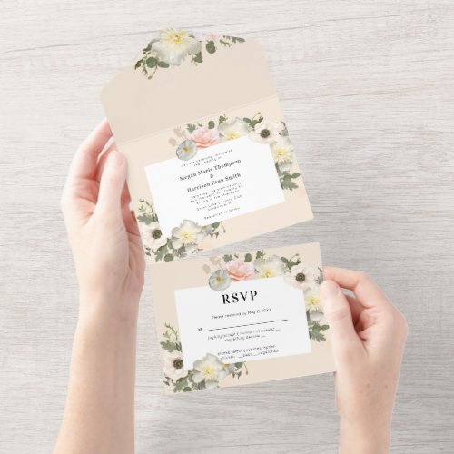 Peonies and Anemones blooming Wedding Blush All In One Invitation