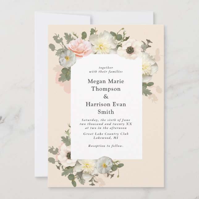 Peonies and Anemones blooming Wedding Blush Invitation (Front)