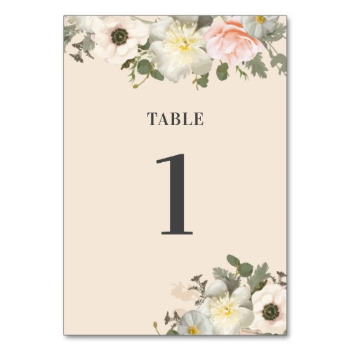 Peonies and Anemones Wedding Blush Table Number