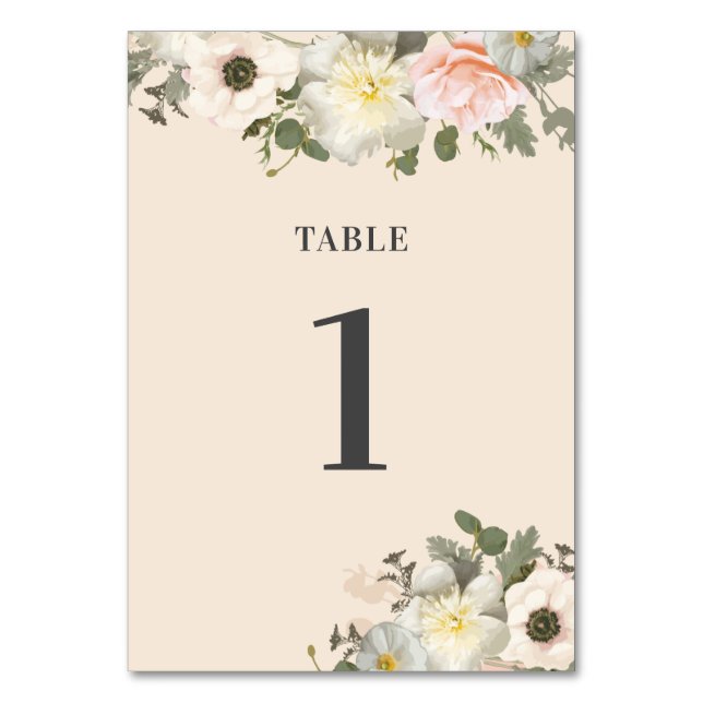 Peonies and Anemones Wedding Blush Table Number (Front)