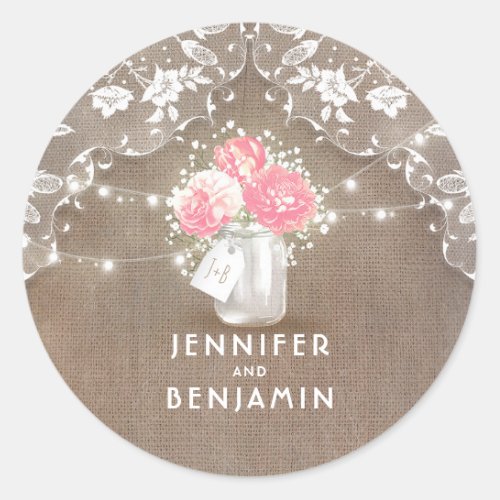 Peonies and Babys Breath Mason Jar Rustic Lace Classic Round Sticker