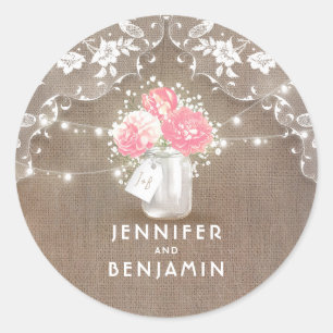 Peonies and Baby's Breath Mason Jar Rustic Lace Classic Round Sticker