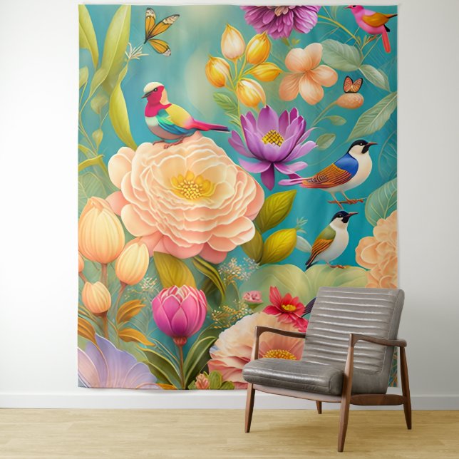 Peonies and Birds in pastel colors Tapestry (In Situ)