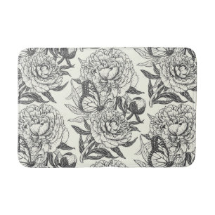 Peonies and butterflies block print, black and whi bath mat
