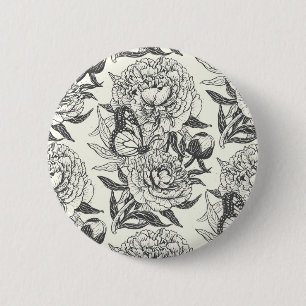 Peonies and butterflies block print, black and whi button