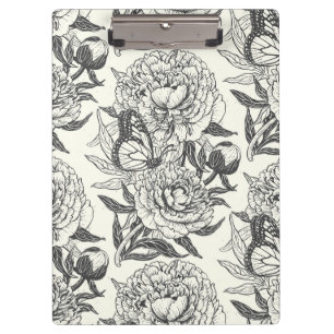 Peonies and butterflies block print, black and whi clipboard