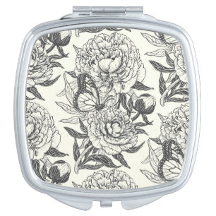 Peonies and butterflies block print, black and whi compact mirror