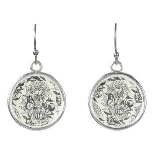 Peonies and butterflies block print, black and whi earrings