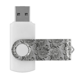 Peonies and butterflies block print, black and whi flash drive