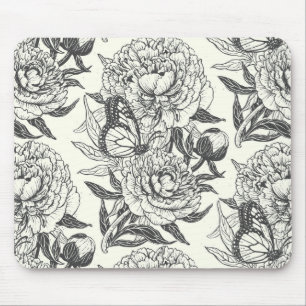 Peonies and butterflies block print, black and whi mouse pad