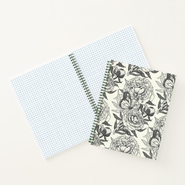 Peonies and butterflies block print, black and whi notebook (Inside)