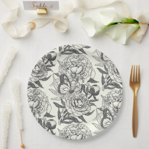 Peonies and butterflies block print, black and whi paper plates