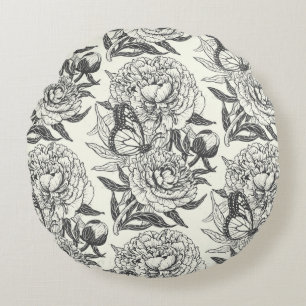 Peonies and butterflies block print, black and whi round pillow
