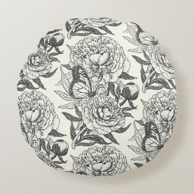 Peonies and butterflies block print, black and whi round pillow (Front)