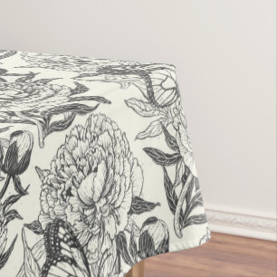 Peonies and butterflies block print, black and whi tablecloth