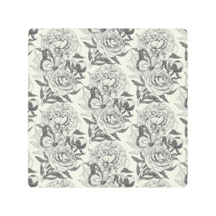 Peonies and butterflies block print,black and whit metal print