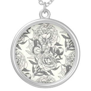 Peonies and butterflies block print,black and whit silver plated necklace