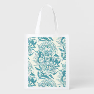Peonies and butterflies block print, lagoon Blue a Grocery Bag