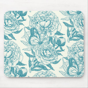Peonies and butterflies block print, lagoon Blue a Mouse Pad