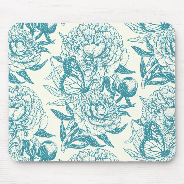 Peonies and butterflies block print, lagoon Blue a Mouse Pad (Front)