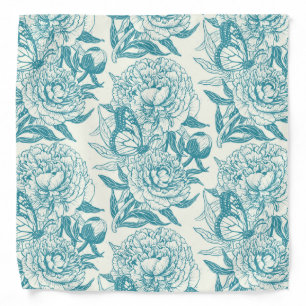 Peonies and butterflies block print, lagoon Blue Bandana