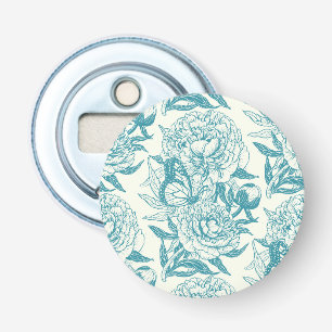 Peonies and butterflies block print, lagoon Blue Bottle Opener