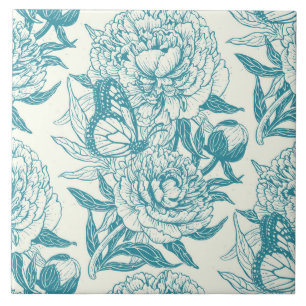 Peonies and butterflies block print, lagoon Blue Ceramic Tile