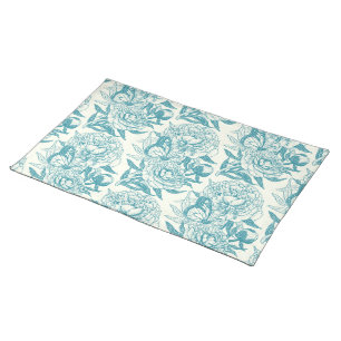 Peonies and butterflies block print, lagoon Blue Cloth Placemat