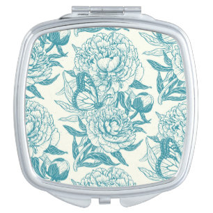 Peonies and butterflies block print, lagoon Blue Compact Mirror