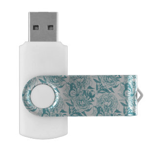 Peonies and butterflies block print, lagoon Blue Flash Drive