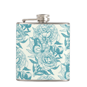 Peonies and butterflies block print, lagoon Blue Flask