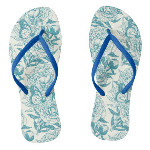 Peonies and butterflies block print, lagoon Blue Flip Flops