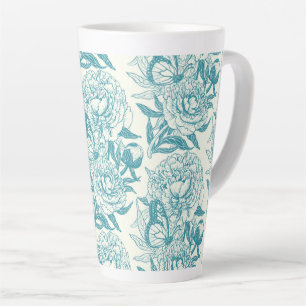 Peonies and butterflies block print, lagoon Blue Latte Mug