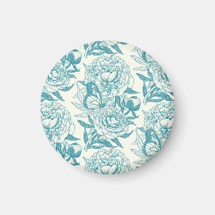 Peonies and butterflies block print, lagoon Blue Magnet